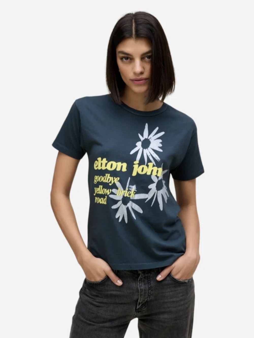 NWT Daydreamer Elton John Navy Graphic Tee with Yellow Print